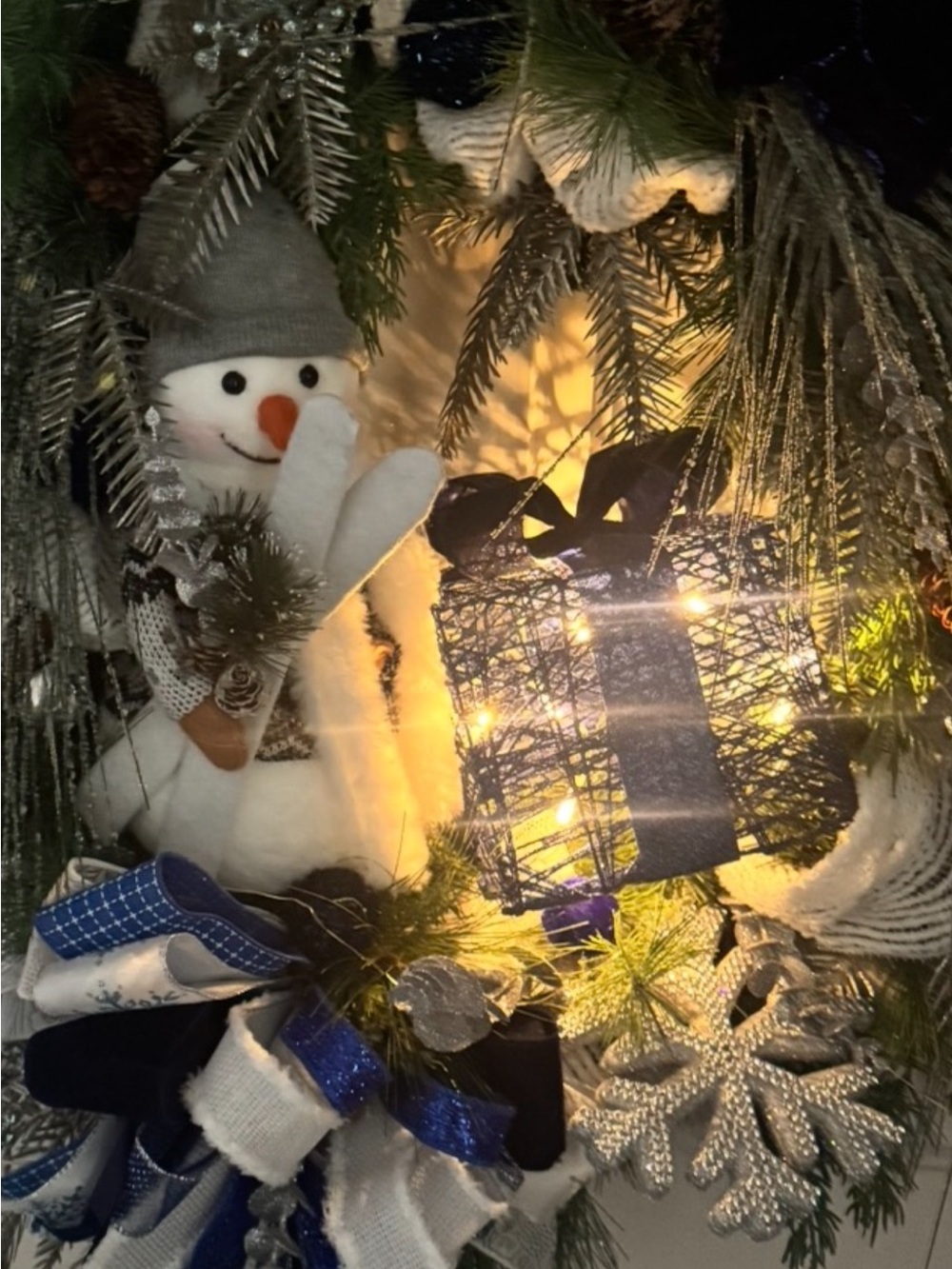 Holiday Snowman Pine Wreath with Blue Accents, Fairy lights and Lighted Gift - Picture 4 of 5
